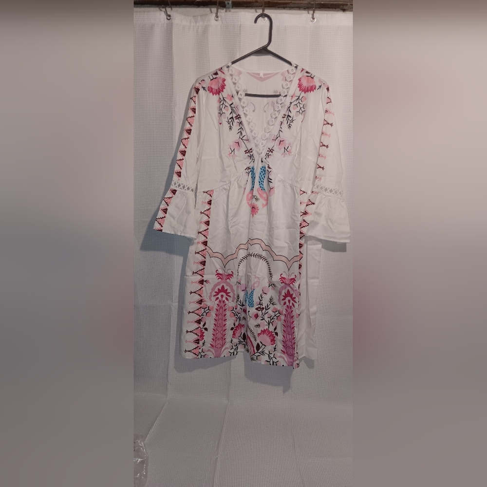 White Embroidered V-Neck Tunic Dress with Pink & Blue Floral Motif